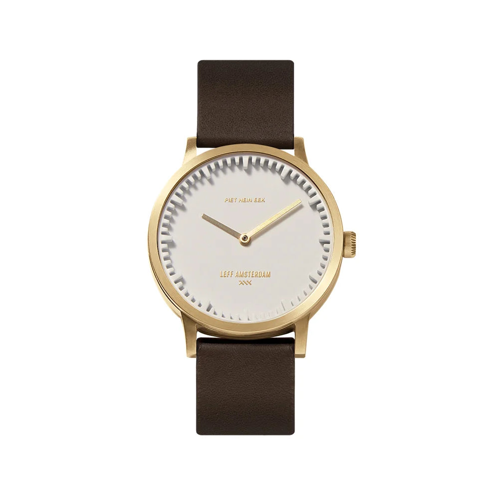 LEFF Amsterdam Tube Watch | T32 Brass White Case with Brown Leather Strap