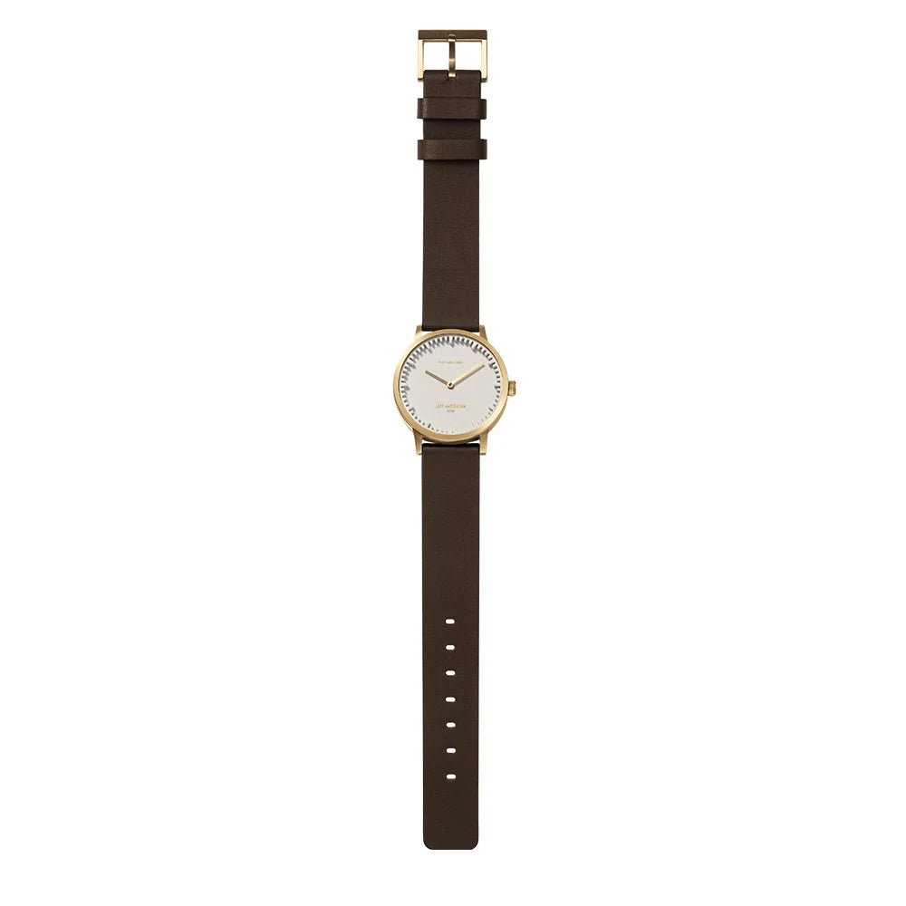 LEFF Amsterdam Tube Watch | T32 Brass White Case with Brown Leather Strap