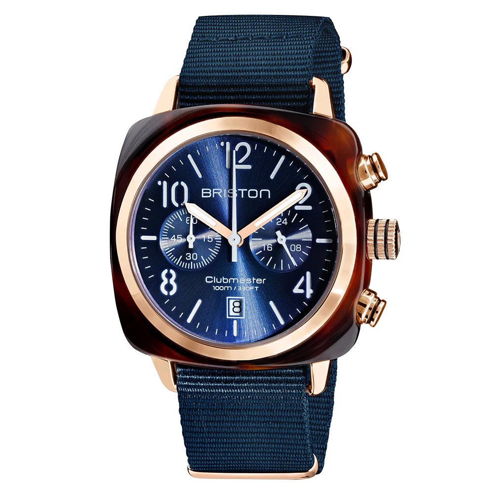 Briston Clubmaster Classic Chronograph | Midnight Blue Dial and Nato Strap with Rosegold IP Accents