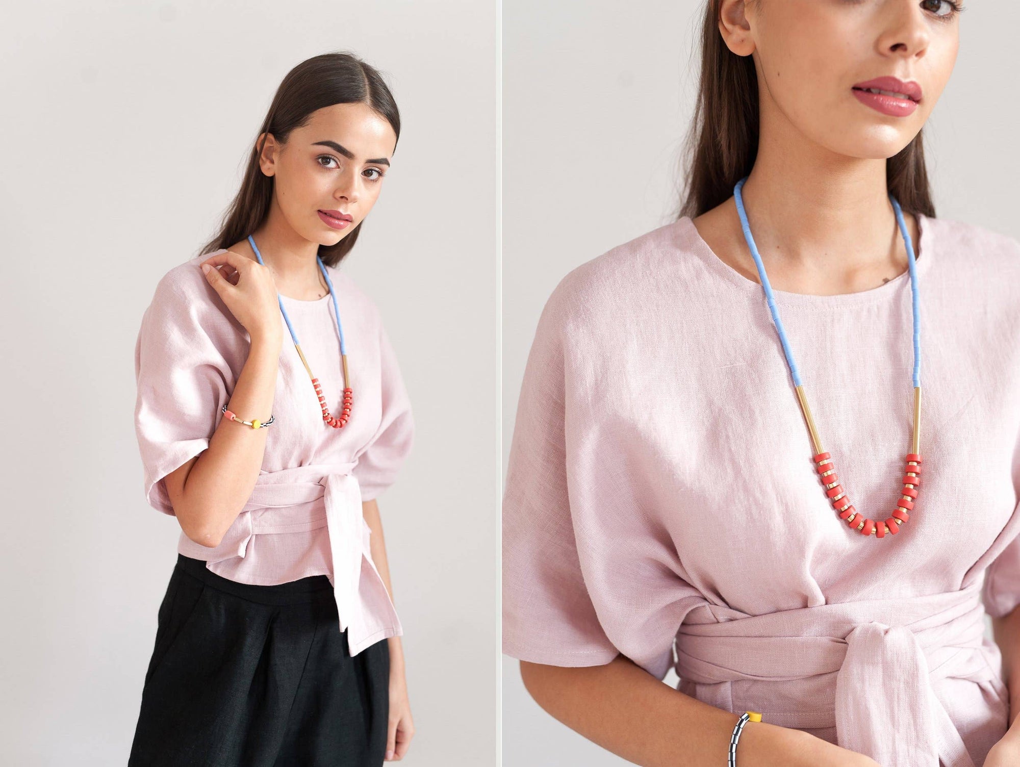 Heishi Salmon Pink & Periwinkle Necklace