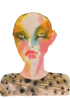 Artistic depiction of a face with colorful makeup on a plain background