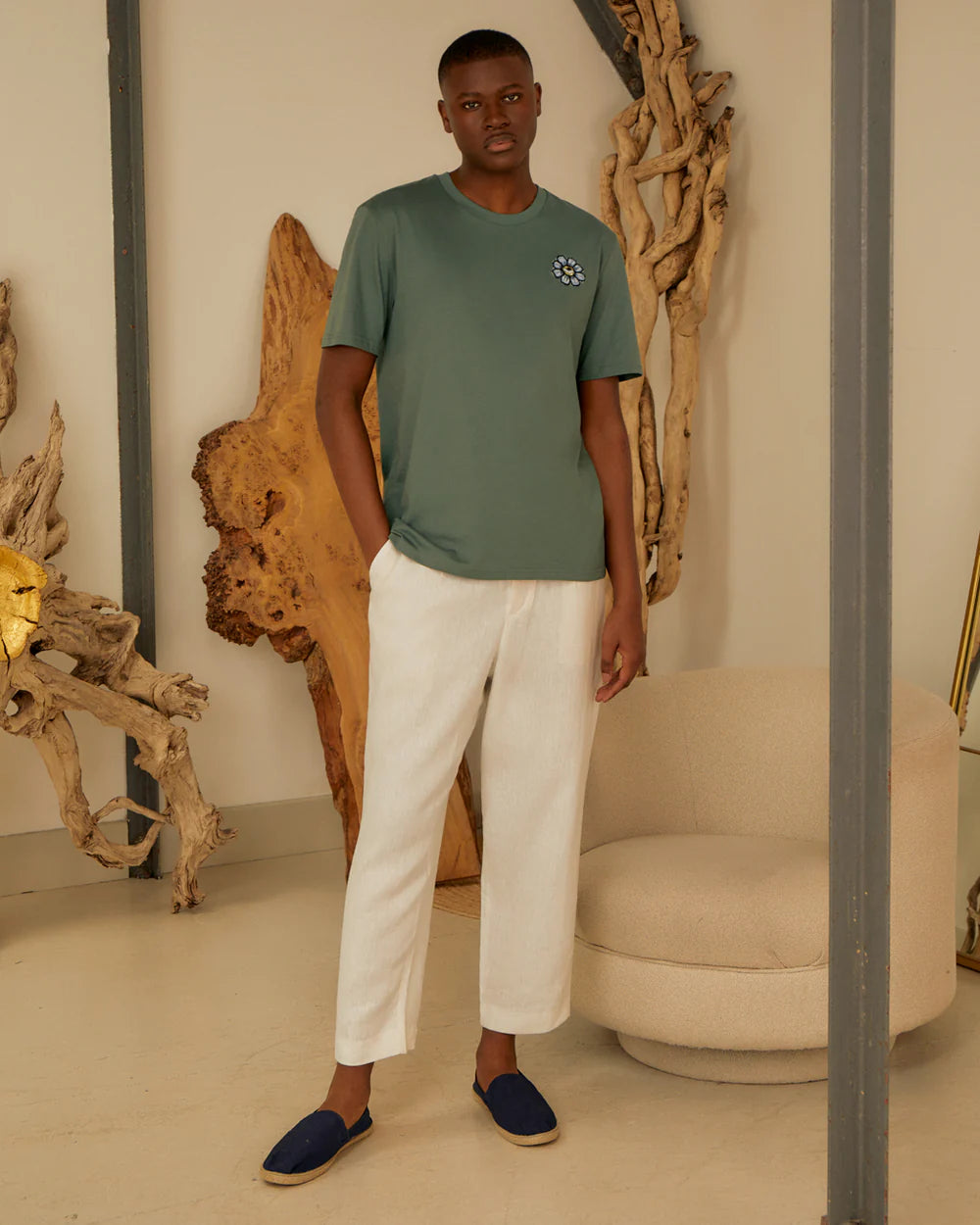 INGMARSON | Blue Eyed Flower Upcycled Appliqué T-Shirt Green