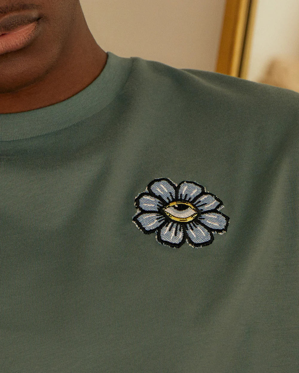 INGMARSON | Blue Eyed Flower Upcycled Appliqué T-Shirt Green