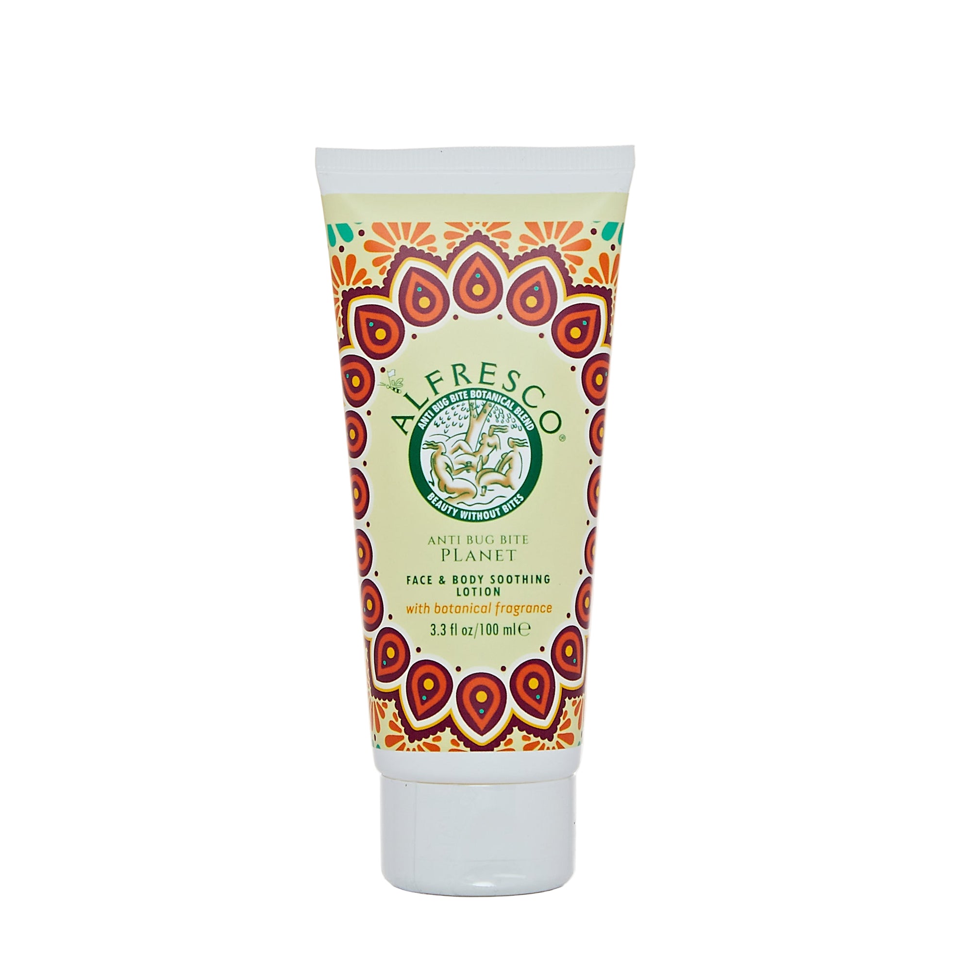 Tube of Alfresco body lotion with colorful label on a white background