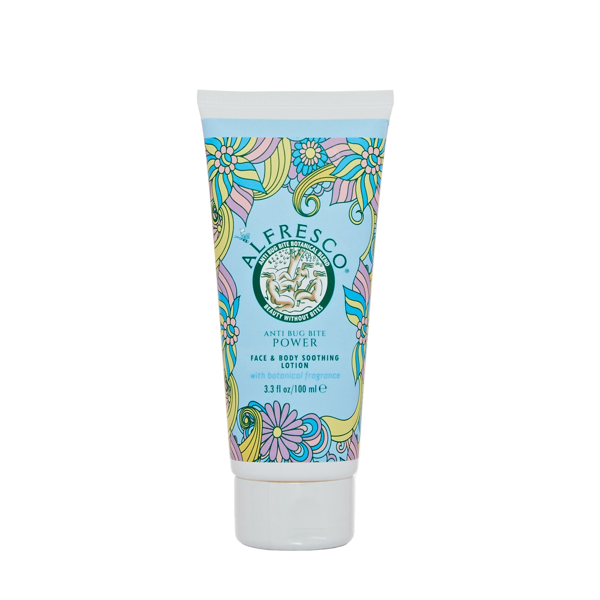 Tube of 'Alfresco' lotion with colorful design on a white background