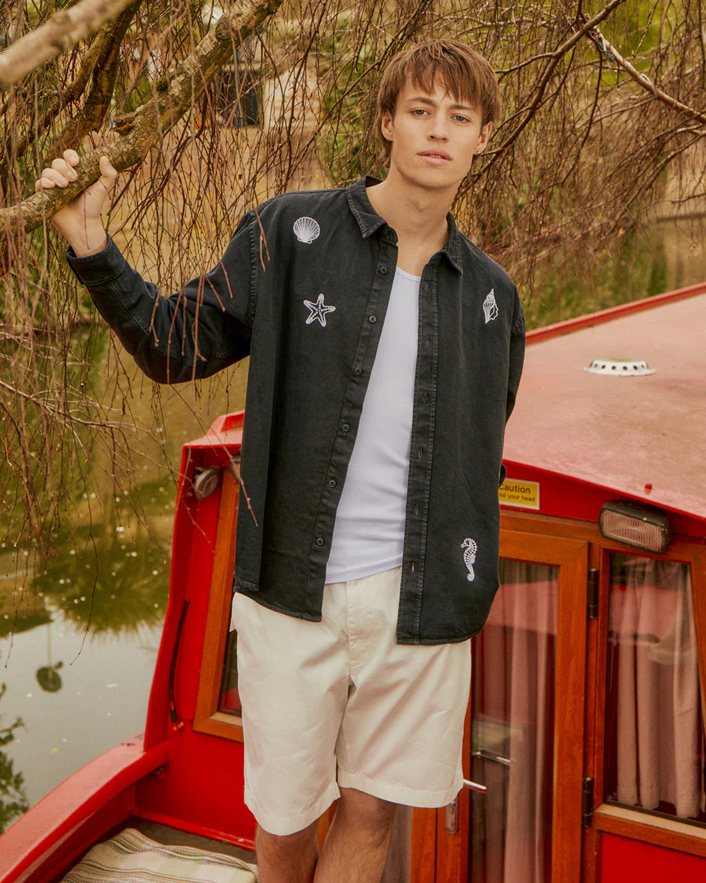 Shell Embroidered Organic Cotton Shirt | Black