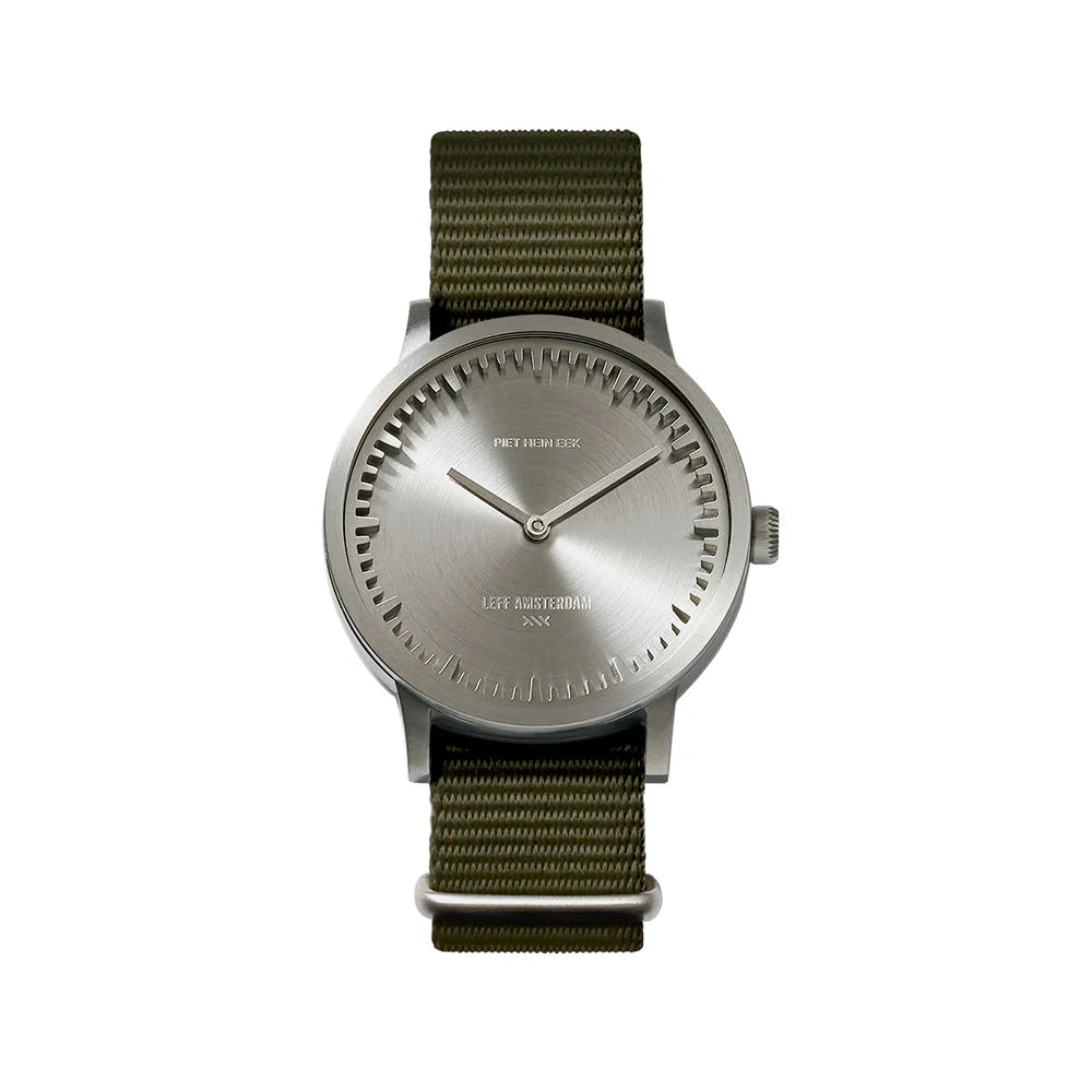 LEFF Amsterdam Tube Watch | T32 Steel on Green Nato Strap
