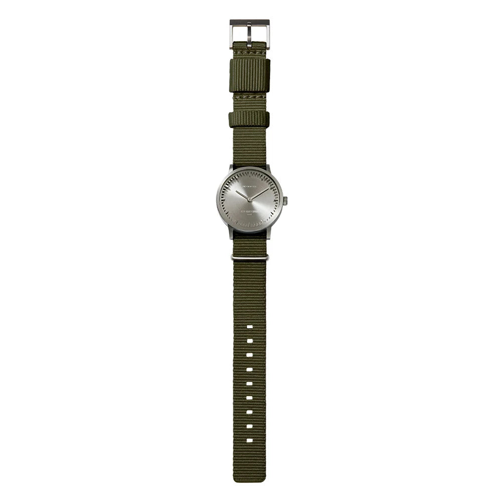 LEFF Amsterdam Tube Watch | T32 Steel on Green Nato Strap