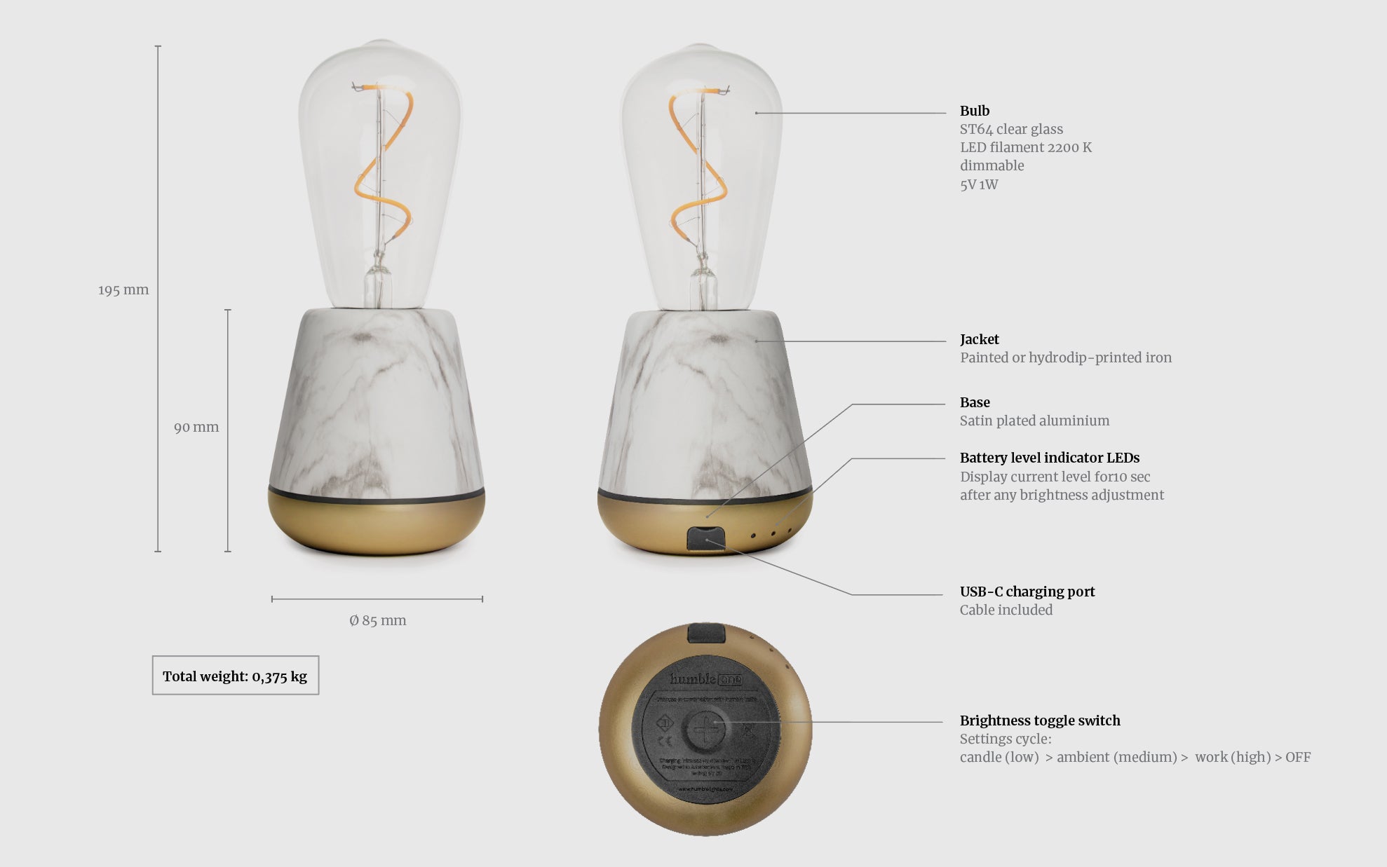 Humble ONE Cordless Table Lamp | White Marble Satin Brass