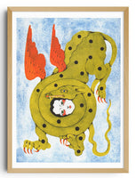 Framed artwork of a cartoonish telephone with red flames on a white background