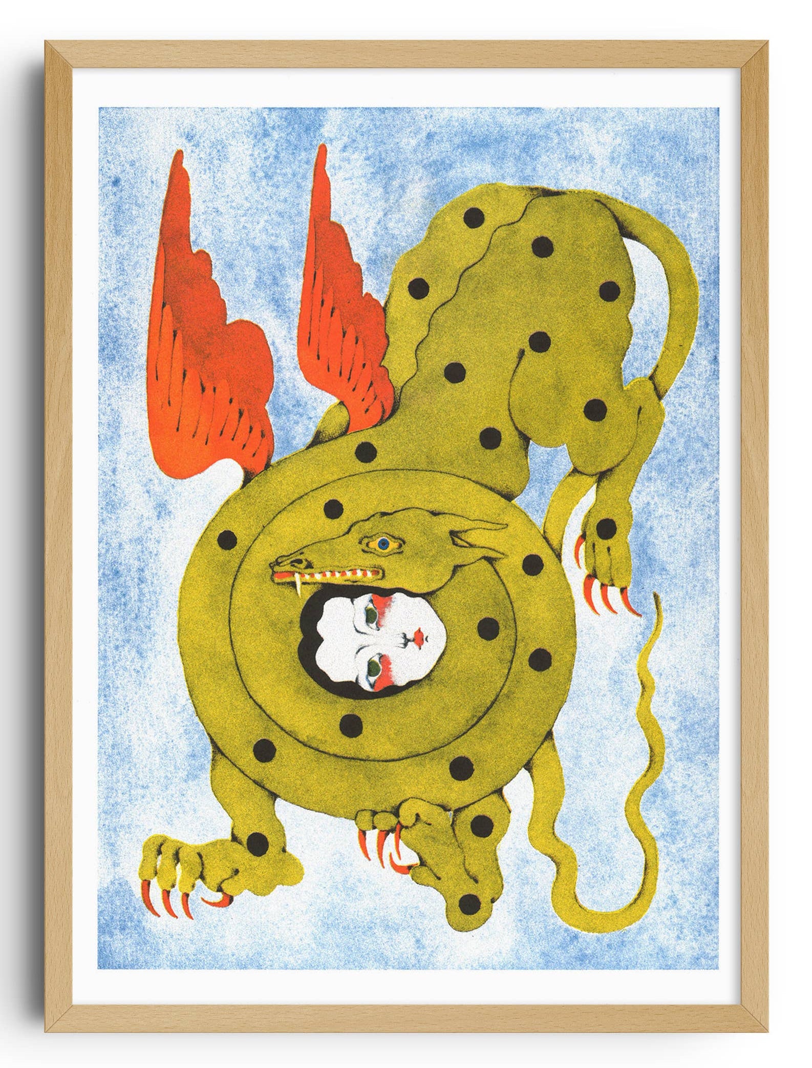 Framed artwork of a cartoonish telephone with red flames on a white background