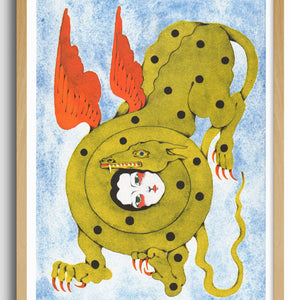 Framed artwork of a cartoonish telephone with red flames on a white background