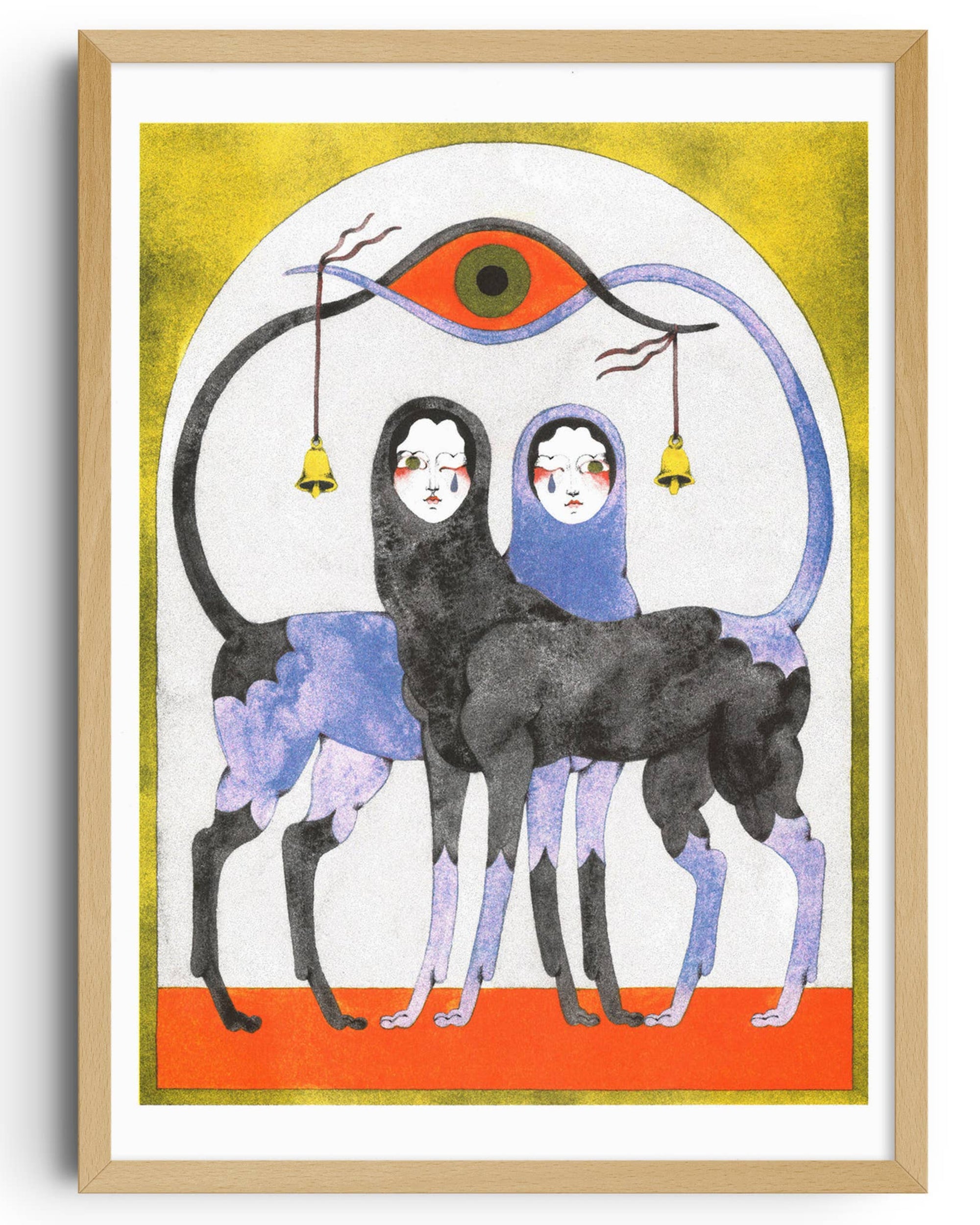 Framed artwork with abstract design of two figures and a goat on a white background