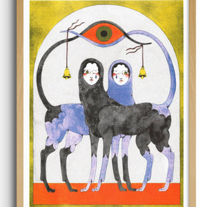 Framed artwork with abstract design of two figures and a goat on a white background