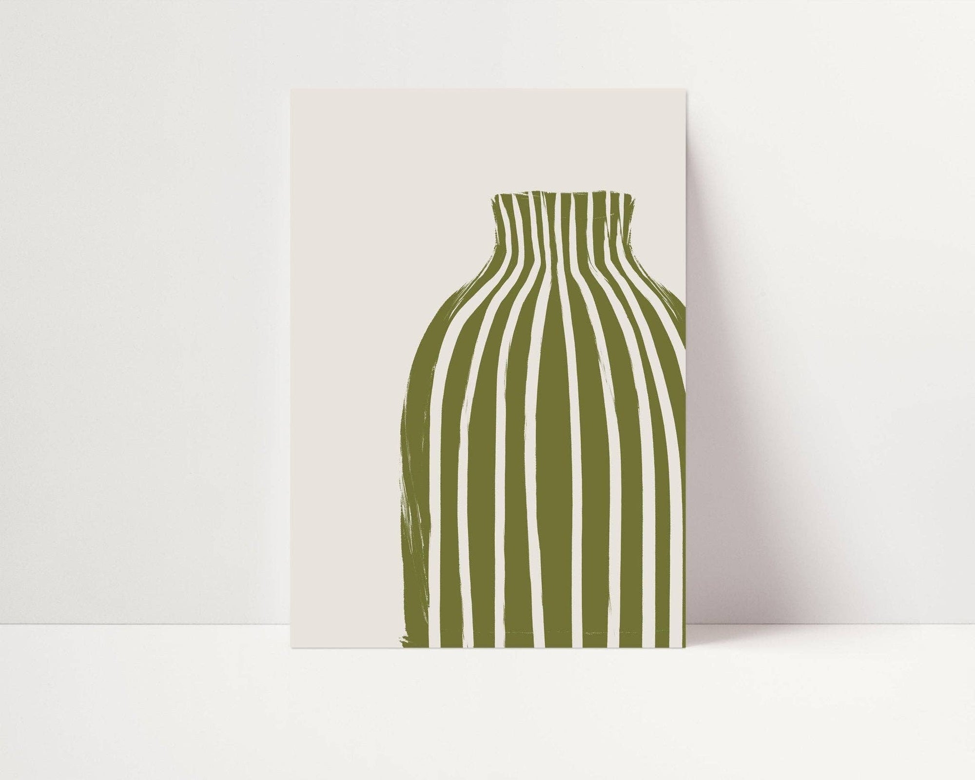 Olive Green Striped Vase A2 Print