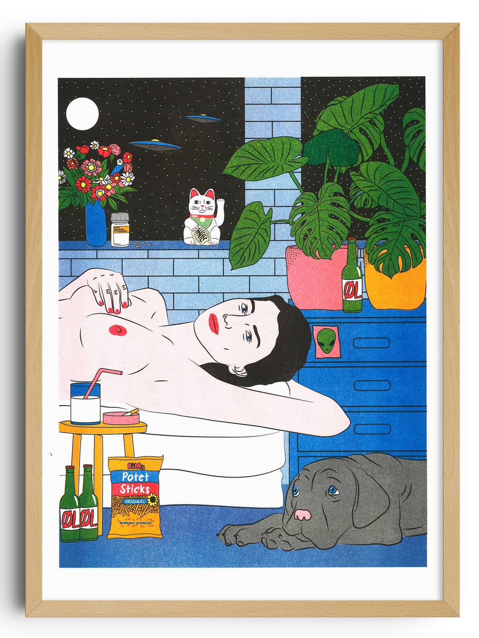Framed artwork of a woman lying on a bed with a cat, in a room with plants and a window.