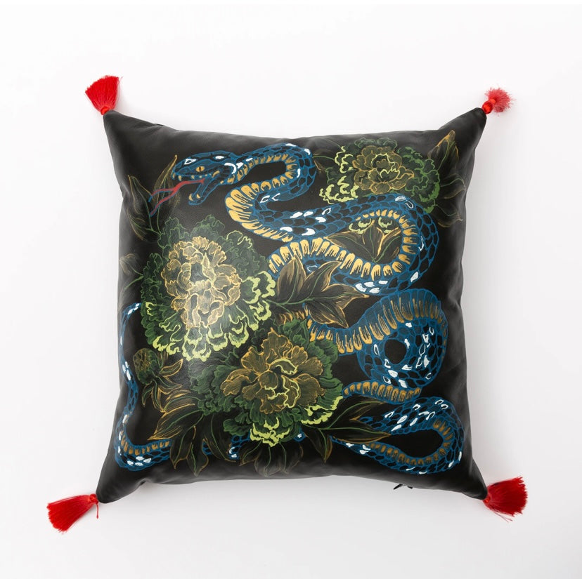 GINA McQUEN Hand-Painted Leather Cushion | Blue Snake