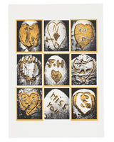 Nine heart-shaped stamps with varying designs on a white card