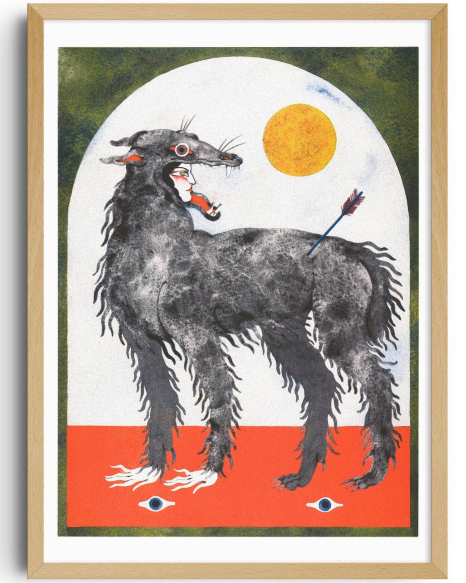 Framed artwork of a dog with a colorful background on a white wall