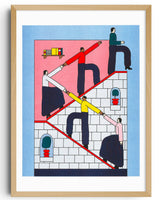 Framed abstract artwork with geometric shapes and figures on a white background