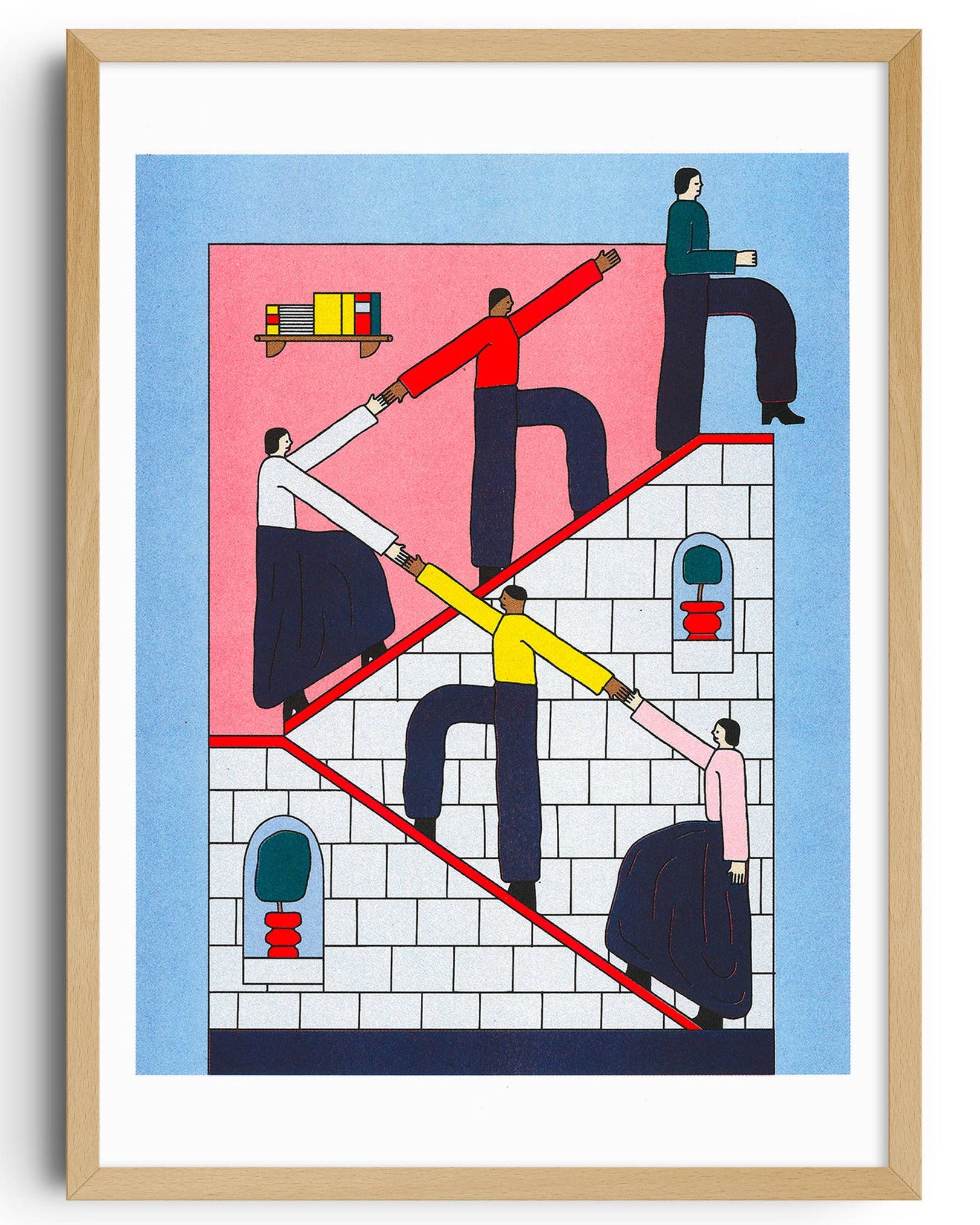 Framed abstract artwork with geometric shapes and figures on a white background