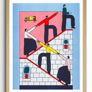 Framed abstract artwork with geometric shapes and figures on a white background