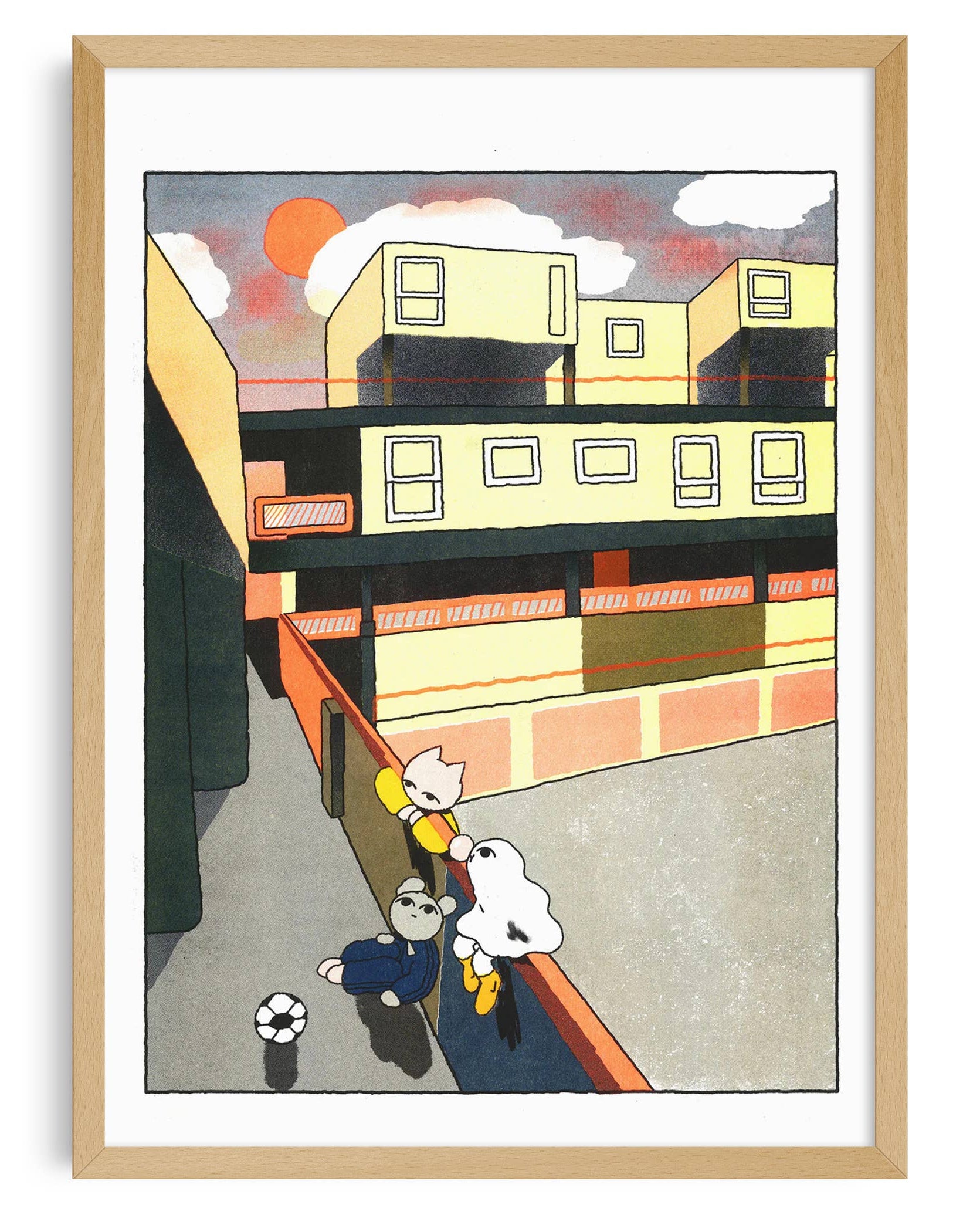 Framed artwork of a stylized building with two cartoon characters near a fence.