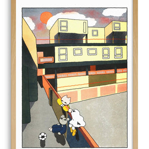 Framed artwork of a stylized building with two cartoon characters near a fence.