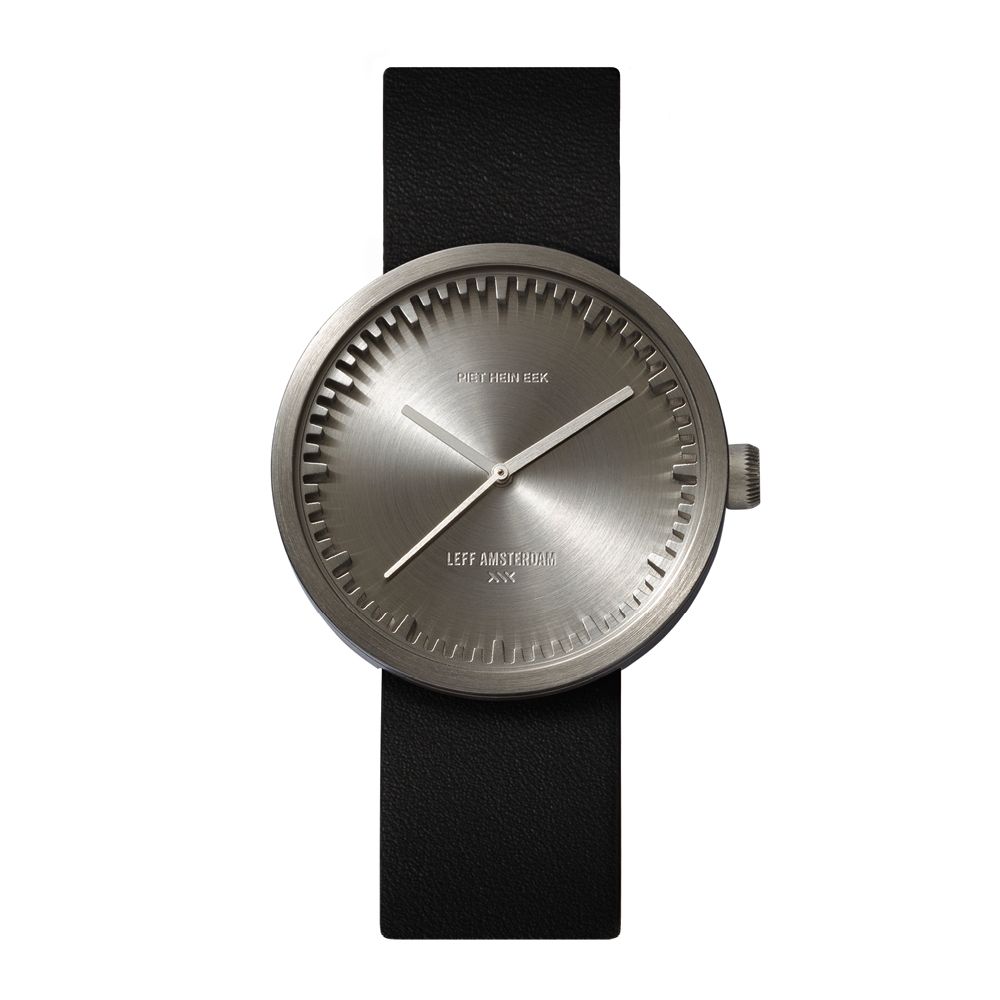 LEFF amsterdam tube watch D38, steel/black leather strap 38mm